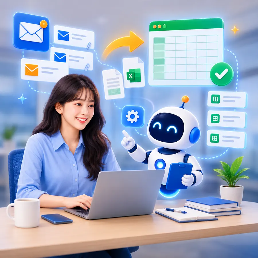 메일과 엑셀 자료를 자동으로 정리하는 콘셉트 이미지
